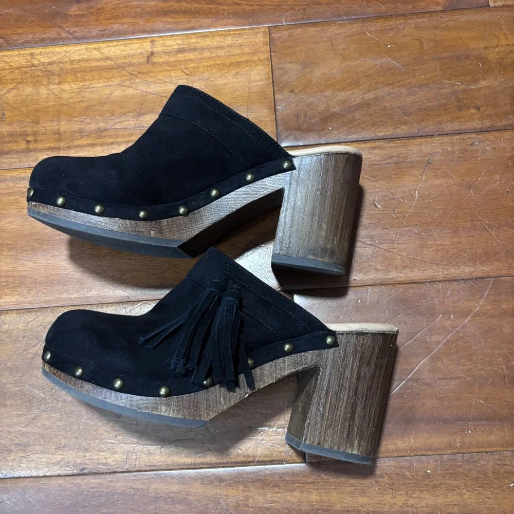 Vtg ESPRIT Black Suede Tassel Mules | Boho Block Heel Clogs|Western| Size8 - Picture 3 of 6